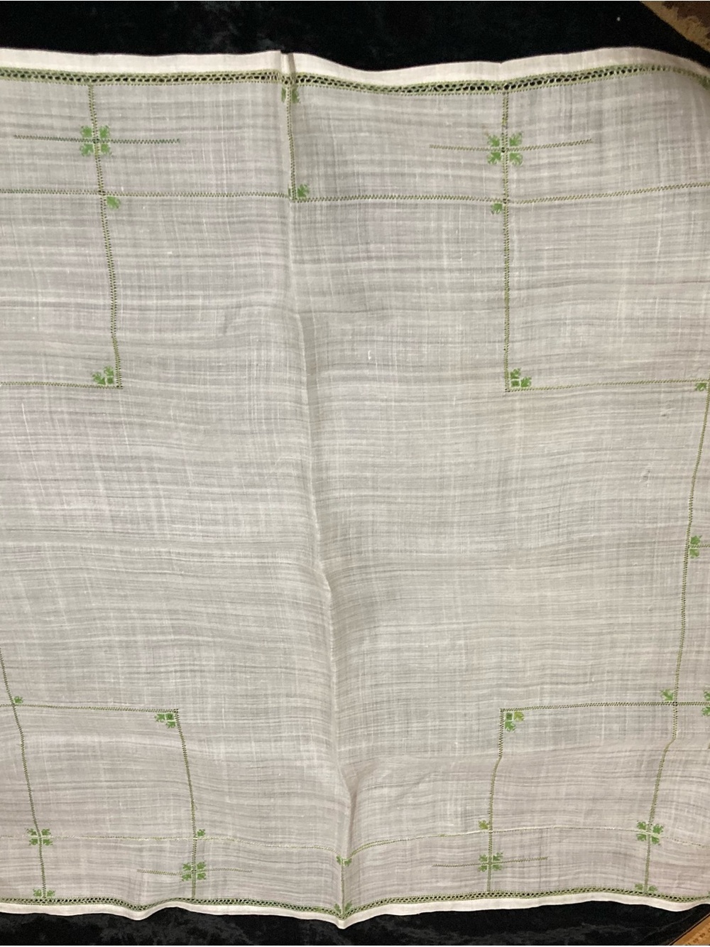 Vintage Embroidered Sheer  White Linen Tablecloth with Green Accents 33” square